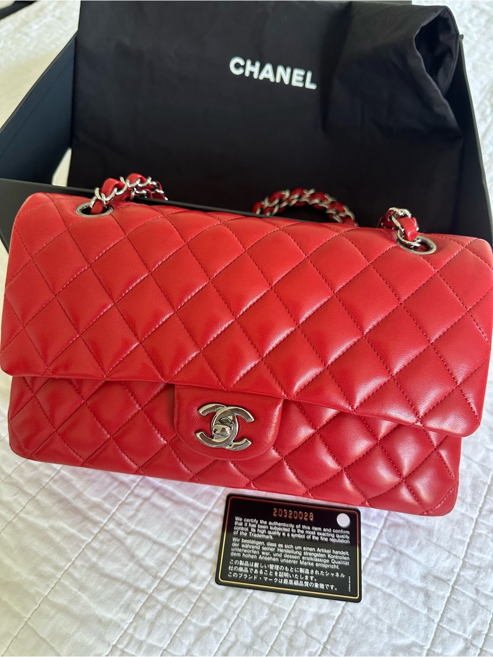 CHANEL Classic Quilted Lambskin Medium Double Flap Red Excellent Condition
